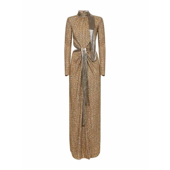 Rabanne Women Gold Sequins And Metallic Mesh Long Dress